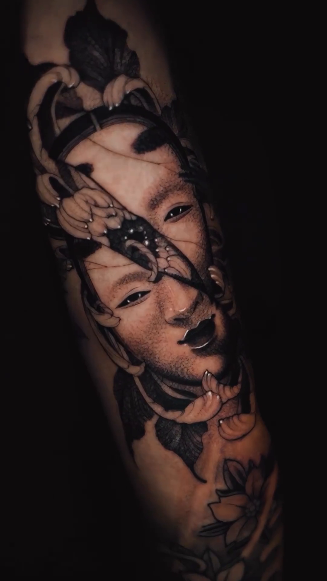 Woman with flowers realism tattoo by Manuel Alejandro Maldonado