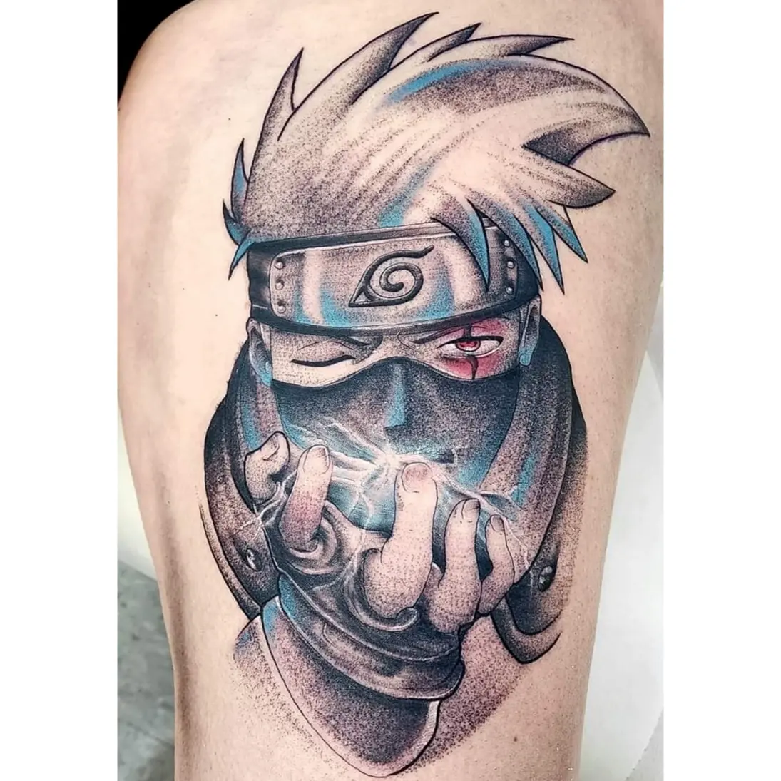 Anime character dotwork tattoo on the thigh by Diane Maya