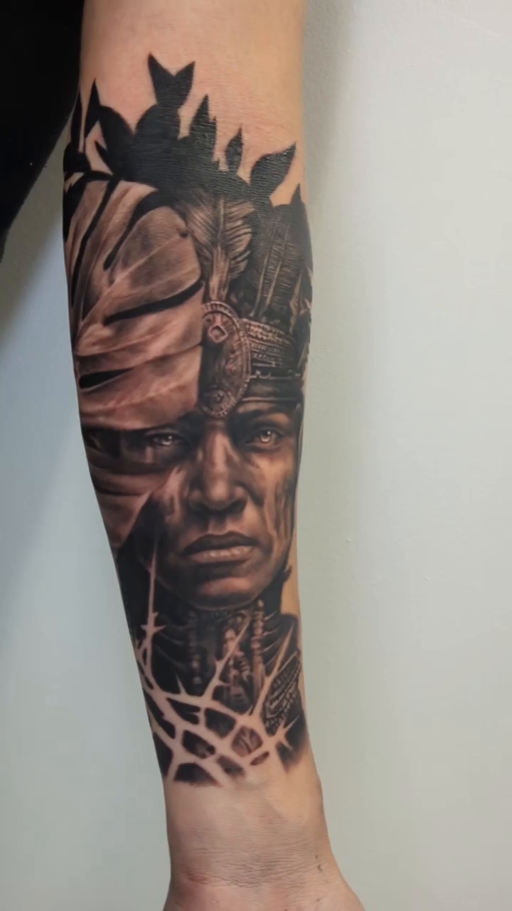 Native American portrait realism tattoo by Sean Costello