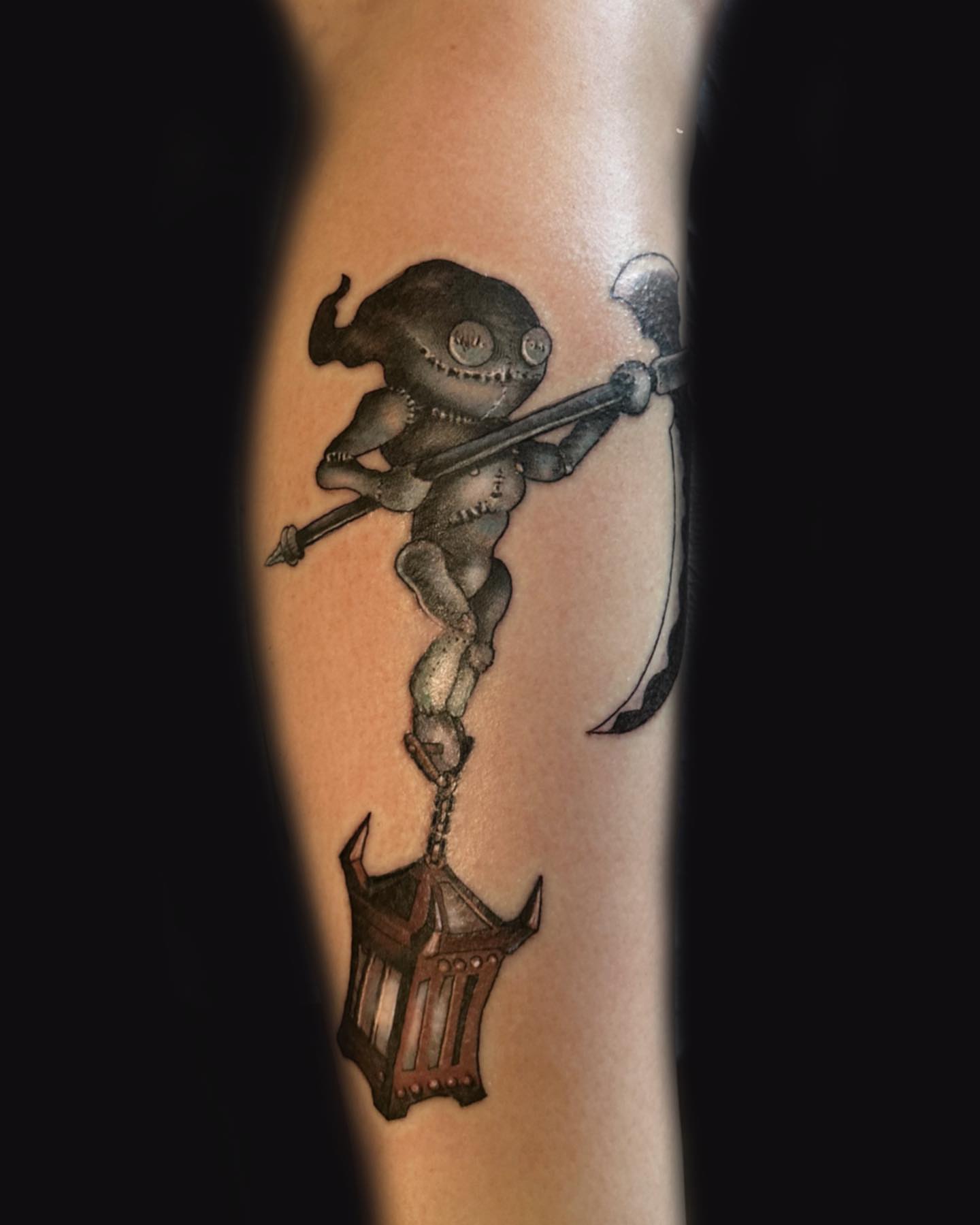 Orc with axe black and grey tattoo on the forearm by Shamanic Ink