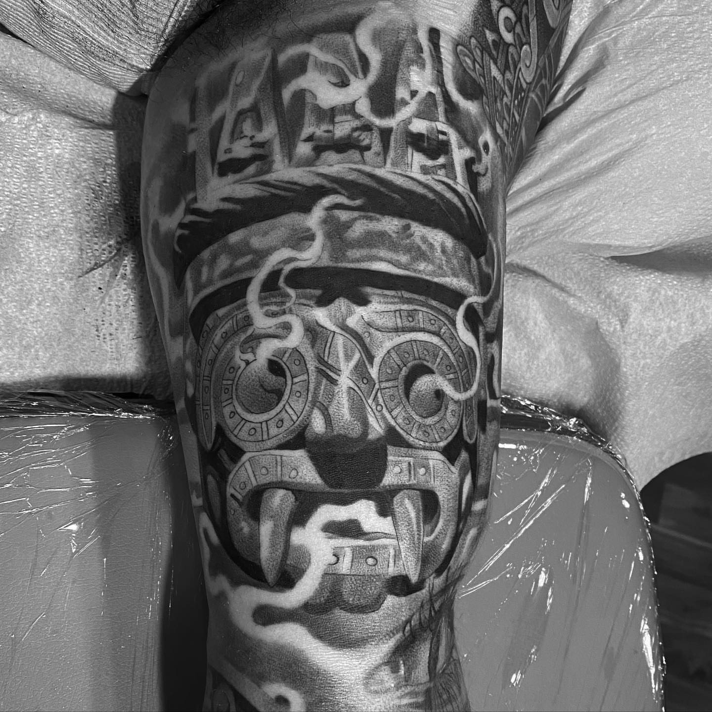 Mask realism tattoo on the forearm by Alex Cruz 707
