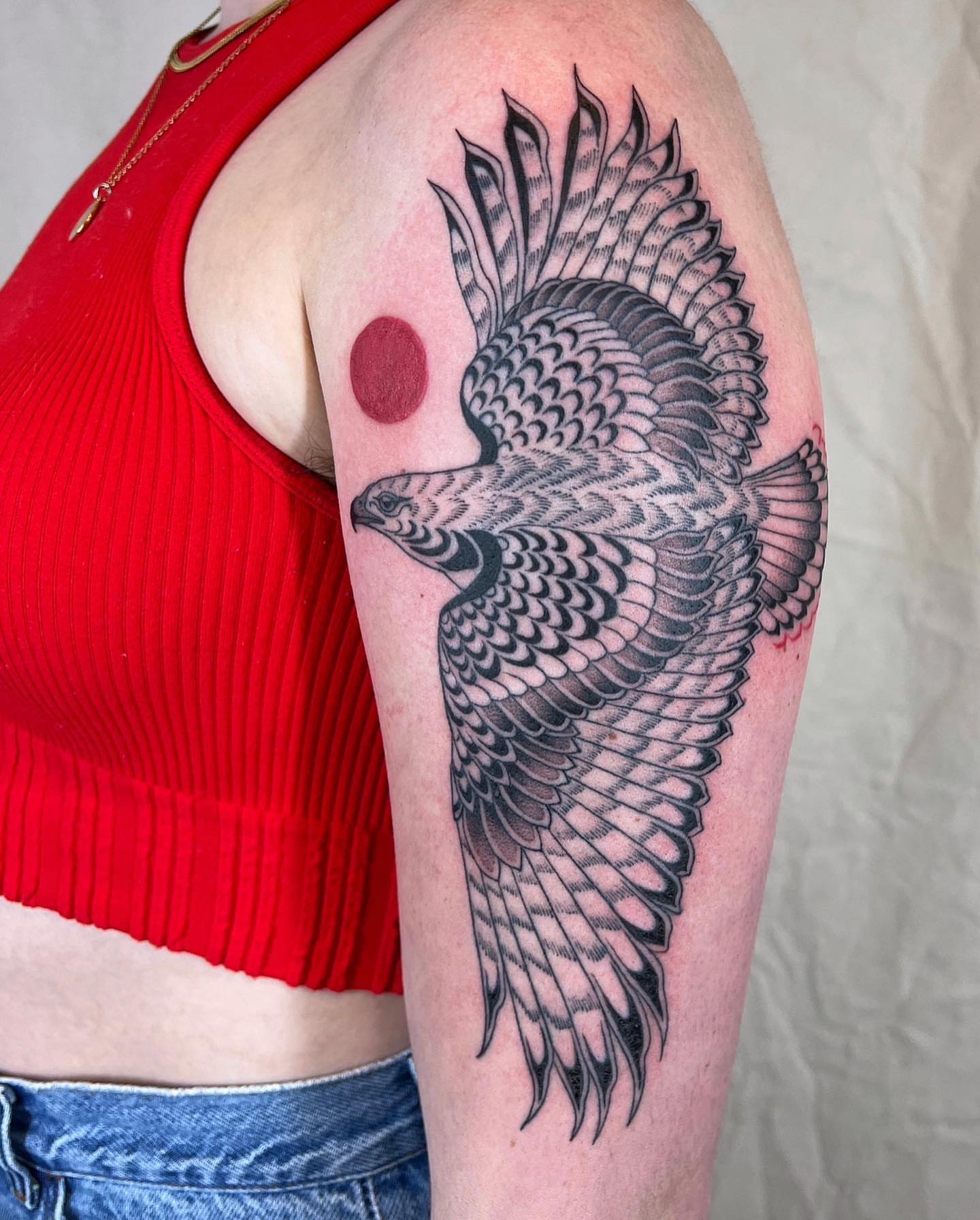 Falcon black and grey tattoo on the shoulder by 👽 Kat 👽, San Francisco, California