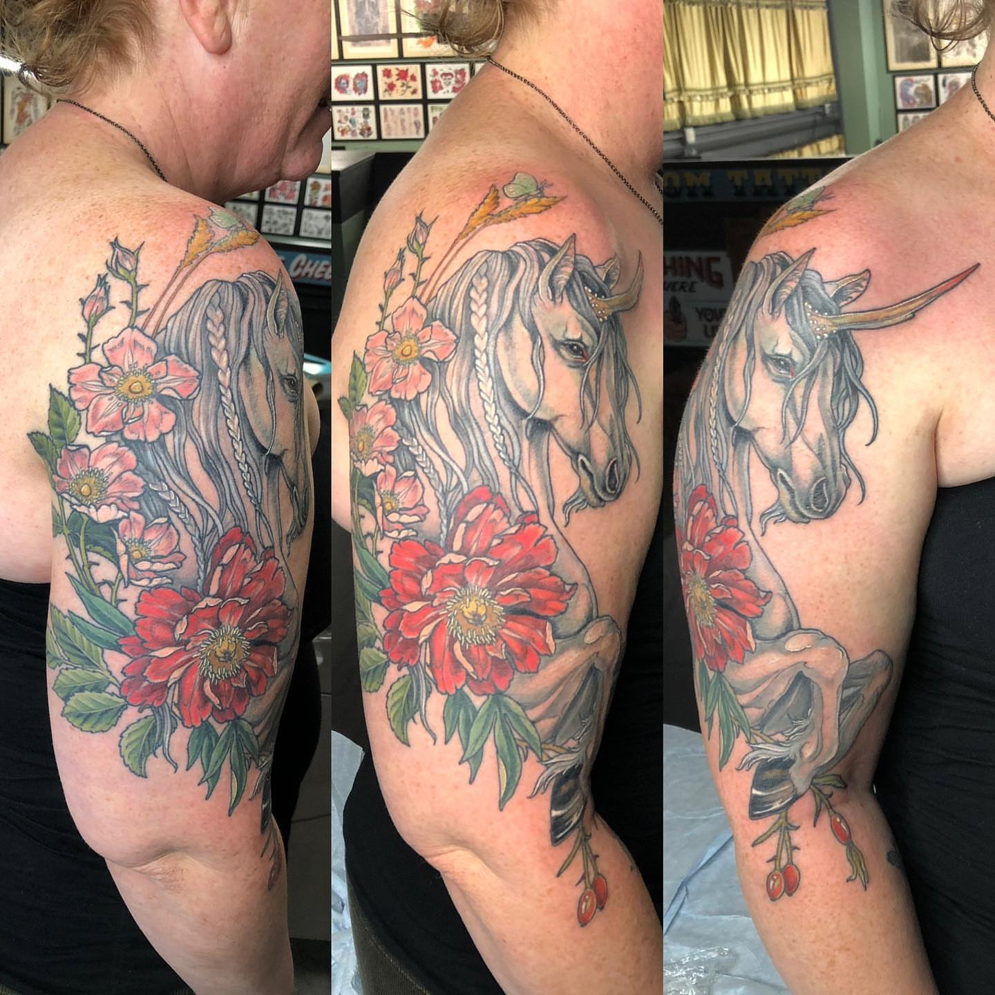 Unicorn and flowers realism tattoo on the shoulder by Cassidy Depew, Seattle, Washington