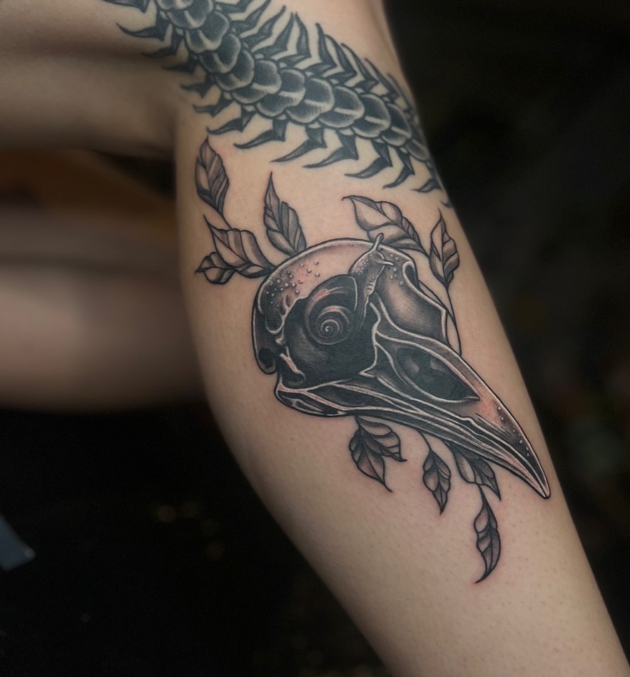 Bird skull black and grey tattoo on the forearm by Myla Jane, Houston, Texas