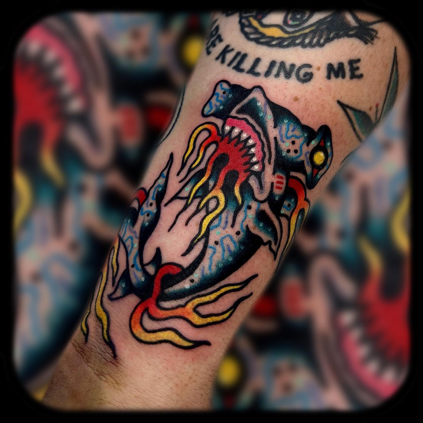 Demon skull American traditional tattoo on the forearm by Benjamin Ward