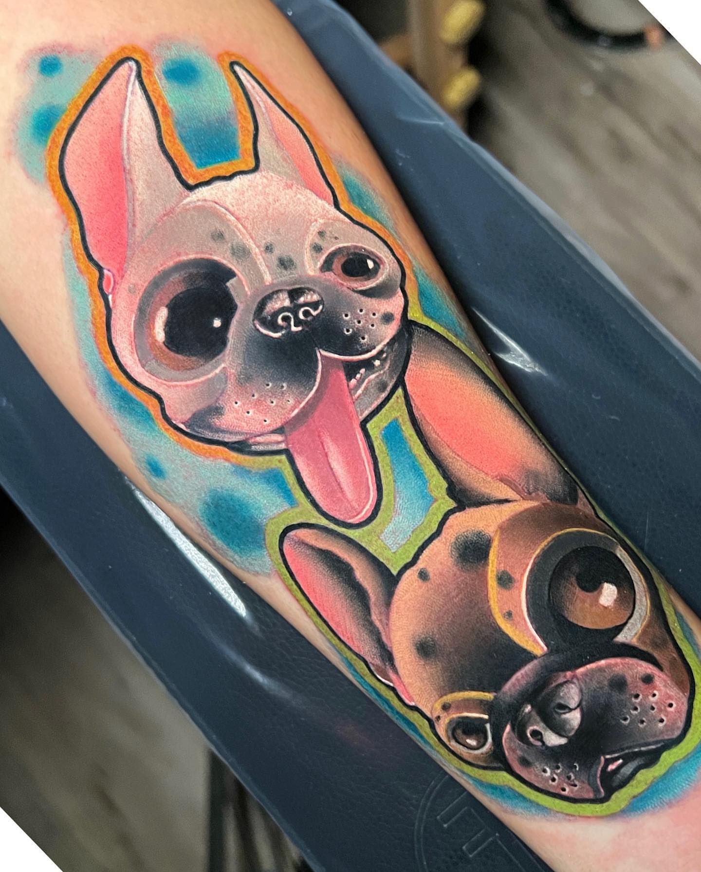 French bulldog American traditional tattoo on the forearm by Brian Horowitz