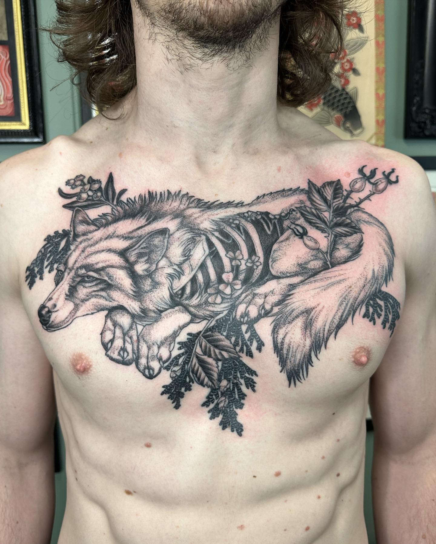 Wolf skeleton realism tattoo on the chest by Cassidy Depew, Seattle, Washington