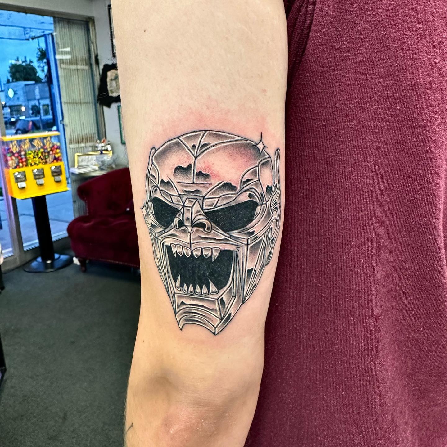Cyborg skull geometric tattoo on the forearm by Summers