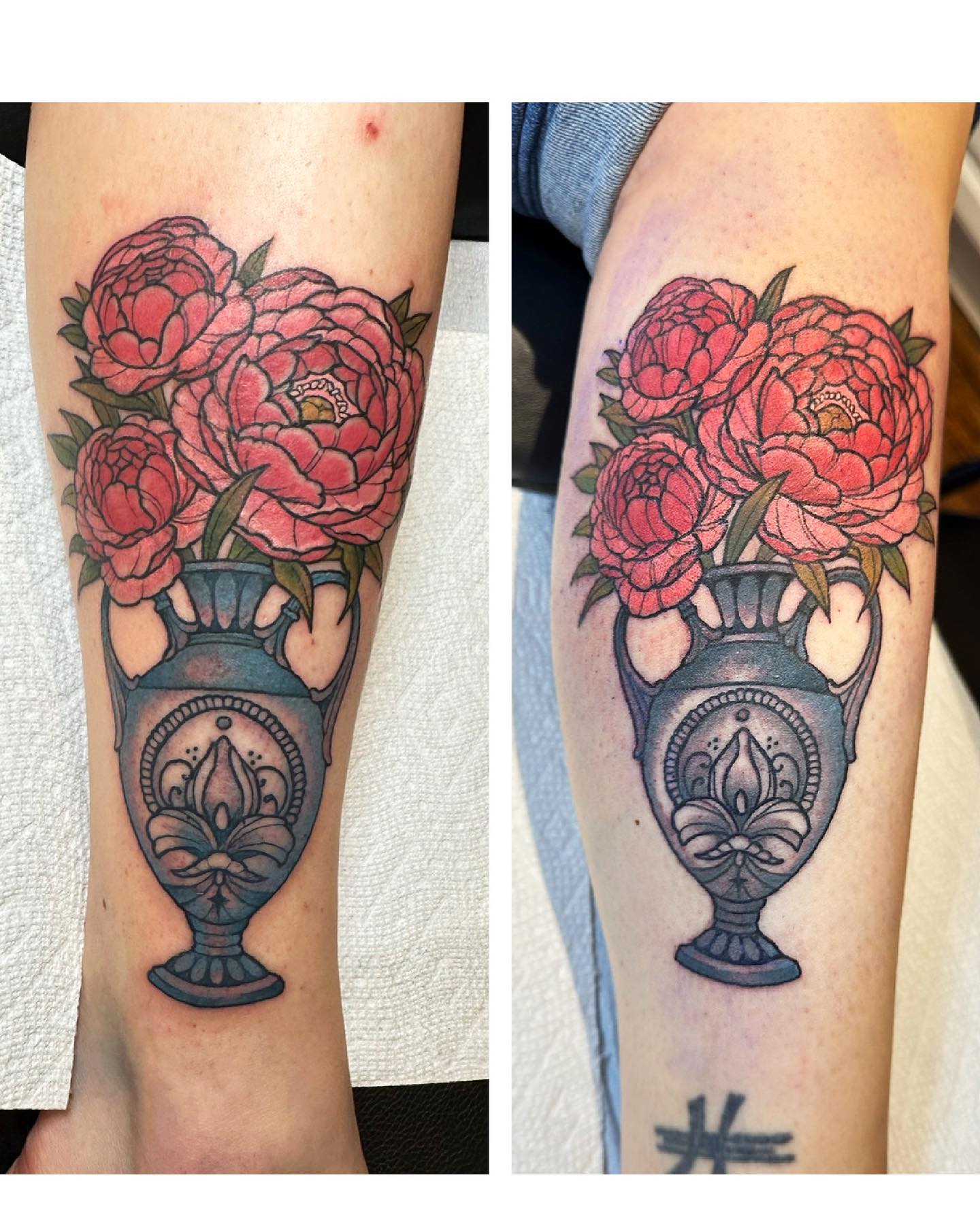 Peonies in a vase neo-traditional tattoo on the forearm by 🦎Langley Osborn Tattoos🦎, Maryville, Tennessee