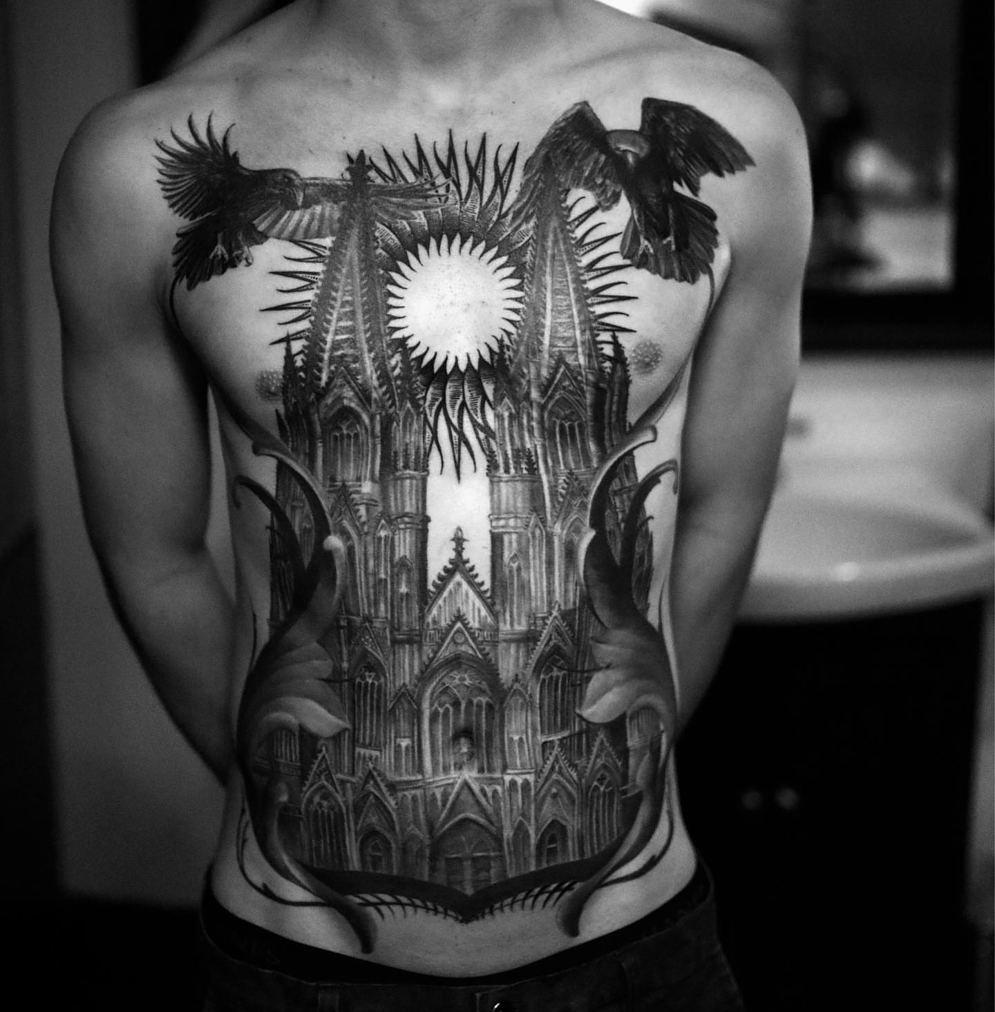 Gothic cathedral realism tattoo on the back by ➕d U S T I N C H A R L e S➕, Seattle, Washington