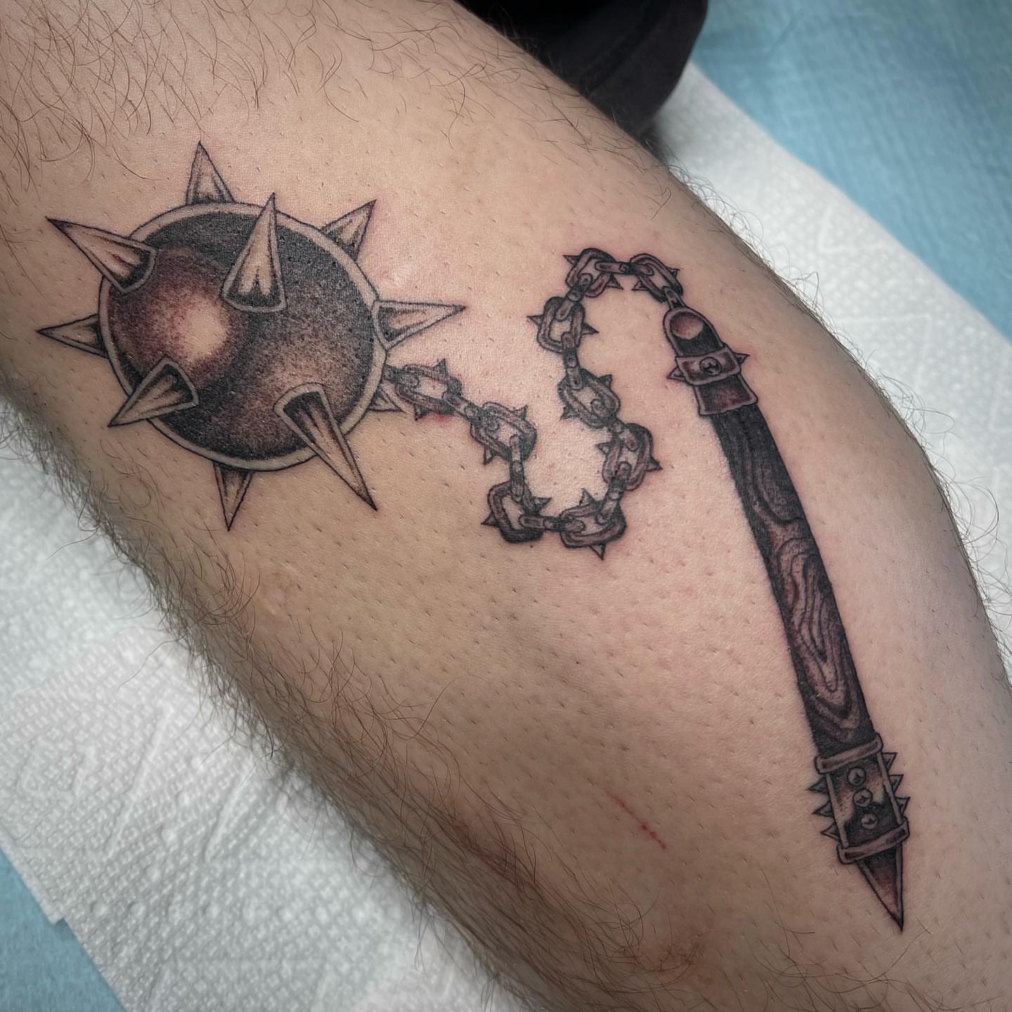 Spiked ball and chain black and grey tattoo on the forearm by ⛓ Emily ⚔️ Milja ⛓