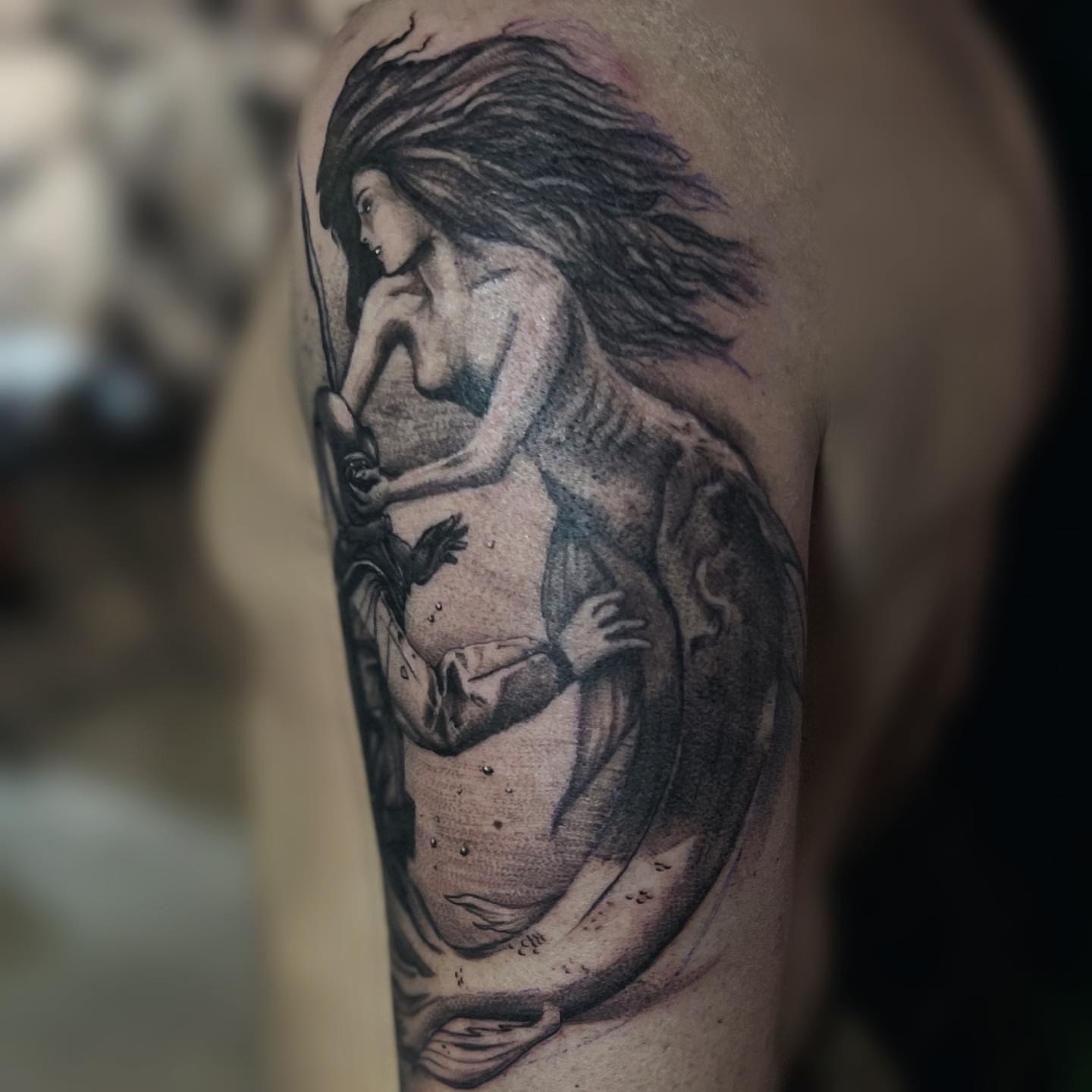 Mermaid realism tattoo on the shoulder by Ksu Storm, San Francisco, California