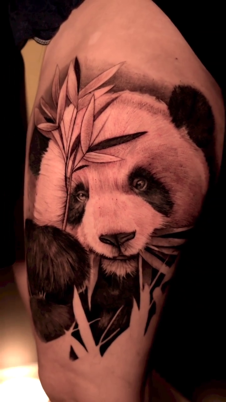 Panda with bamboo realism tattoo by Risa