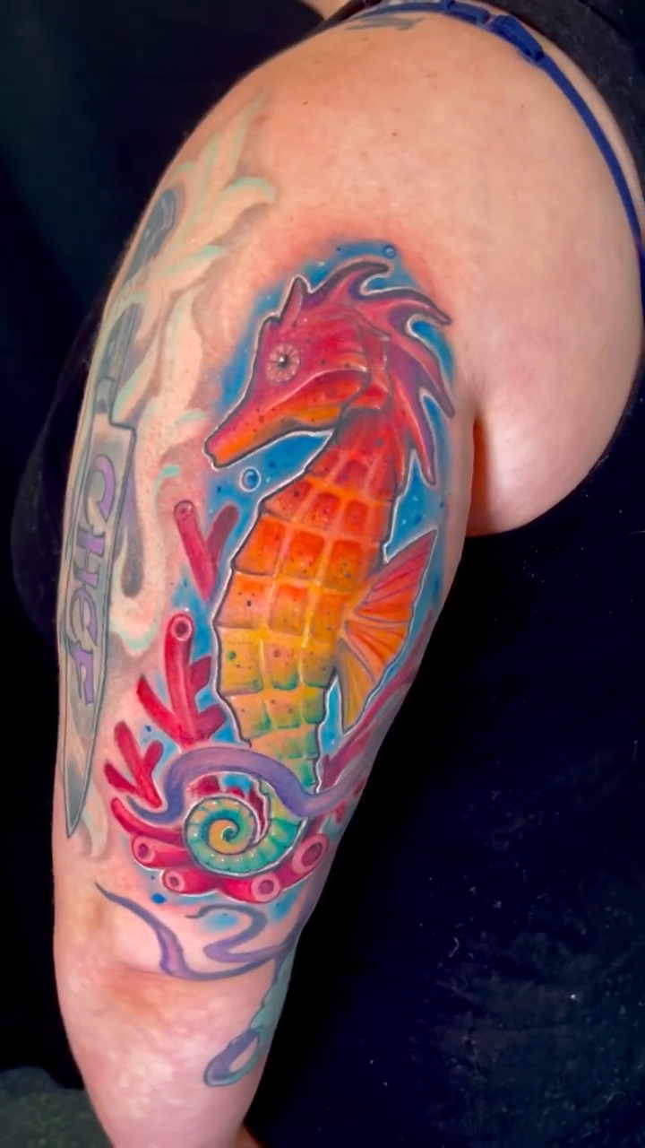 Seahorse with coral neo-traditional tattoo by Greg West Sac tattoo artist, West Sacramento, California