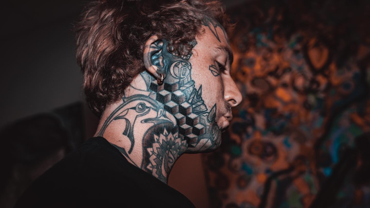 Geometric geometric tattoo on the neck by Ryan K Severe