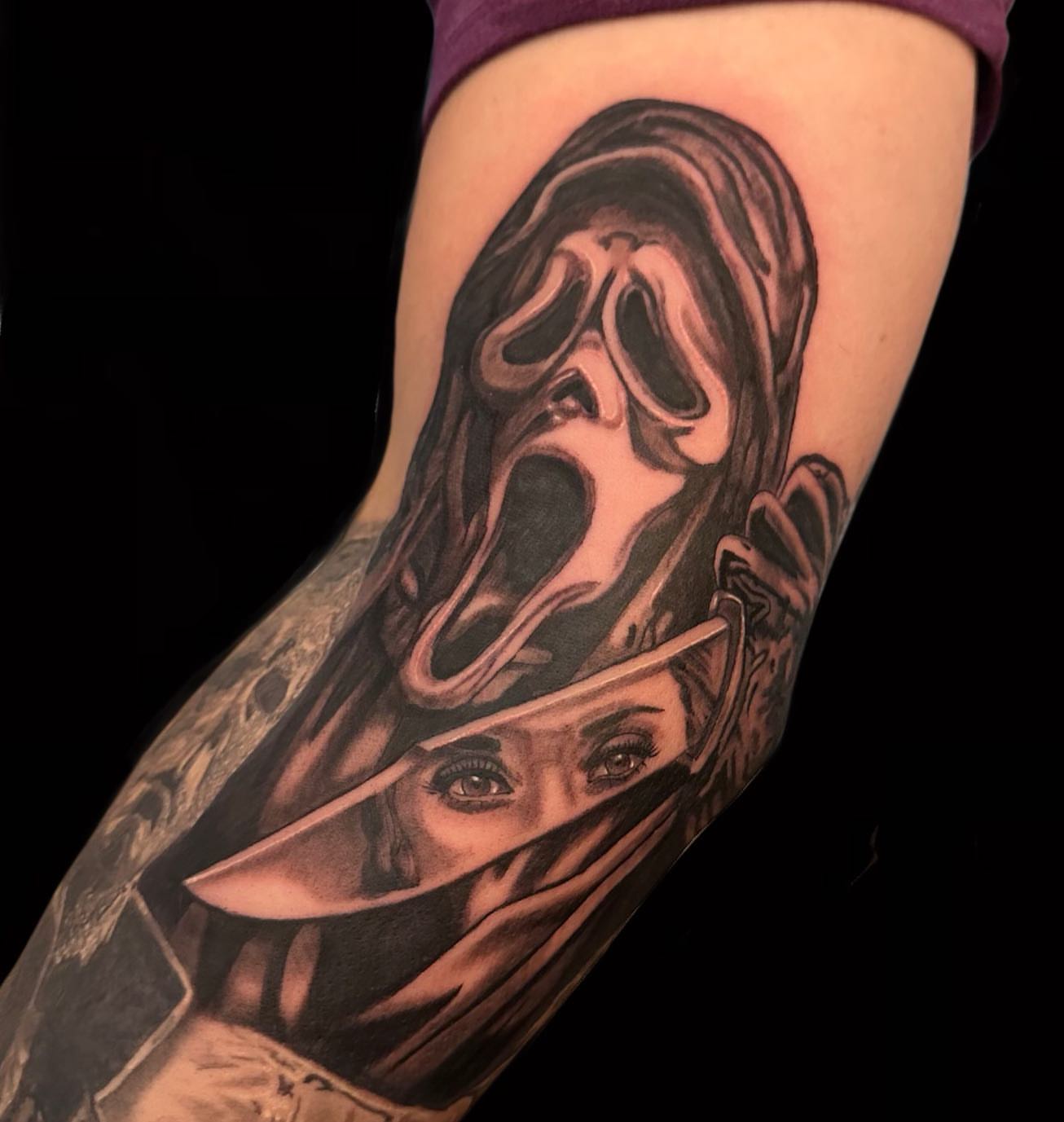 Scream mask realism tattoo on the forearm by las vegas tattoo artist