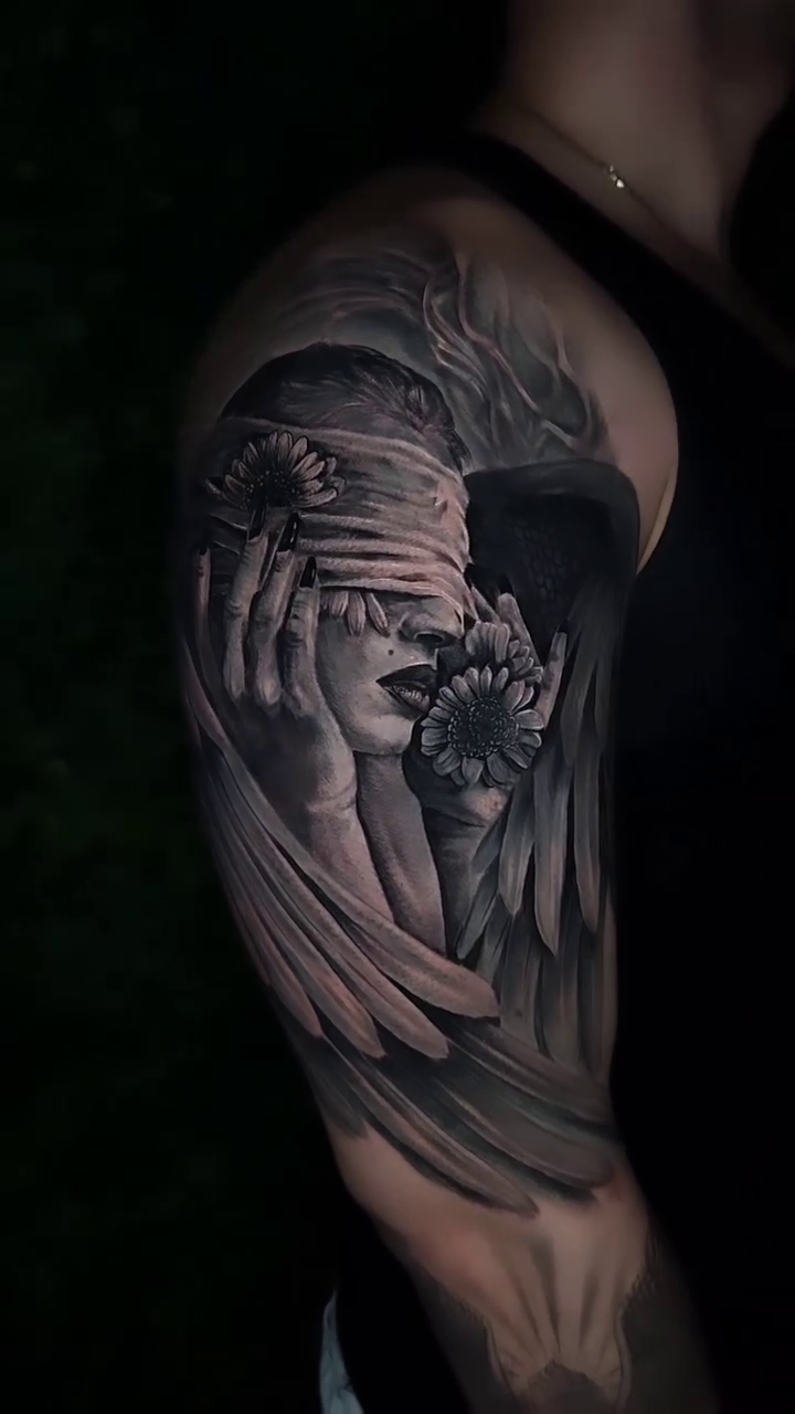 Woman with hands over eyes realism tattoo by Adrian Gonzalez