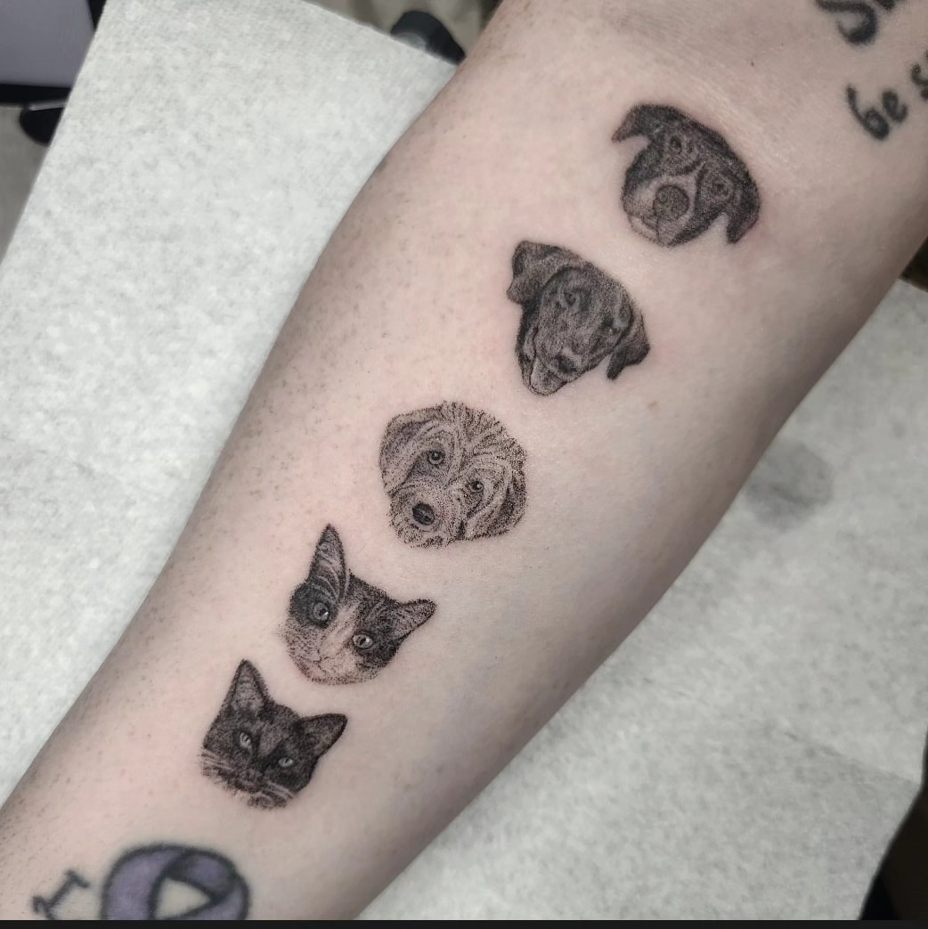 Pet portraits dotwork tattoo on the forearm by Kyle Joseph [tattoo artist]