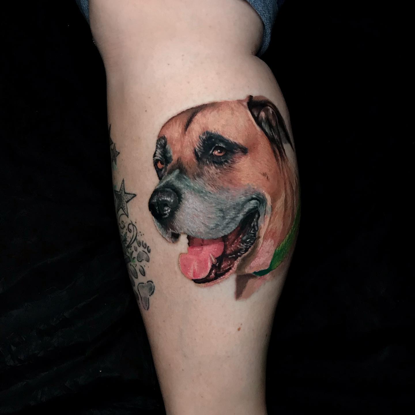 Dog realism tattoo on the thigh by Aren