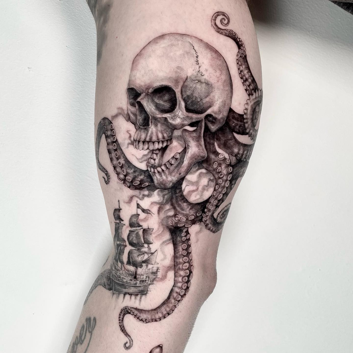 Octopus and skull realism tattoo on the forearm by eugene k 🌈, San Francisco, California
