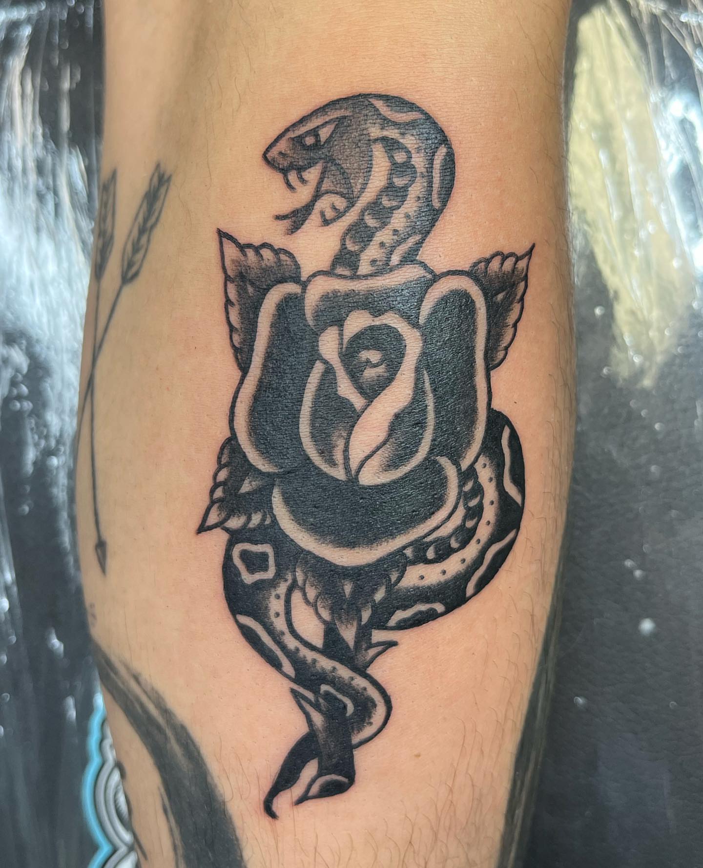 Snake and elephant American traditional tattoo on the forearm by Ana Valadez π¦, Ventura, California
