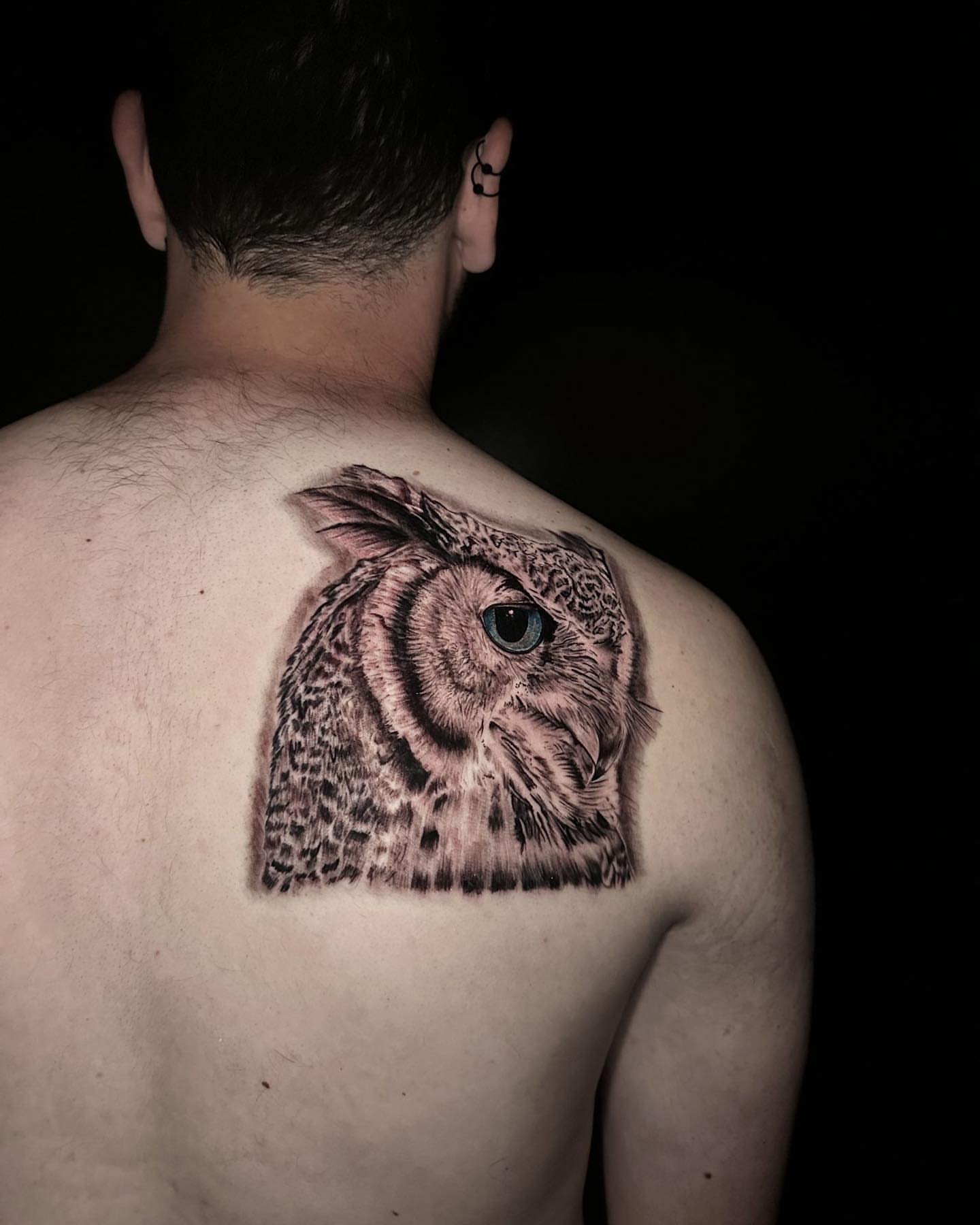 Owl realism tattoo on the back by Héctor Agudelo