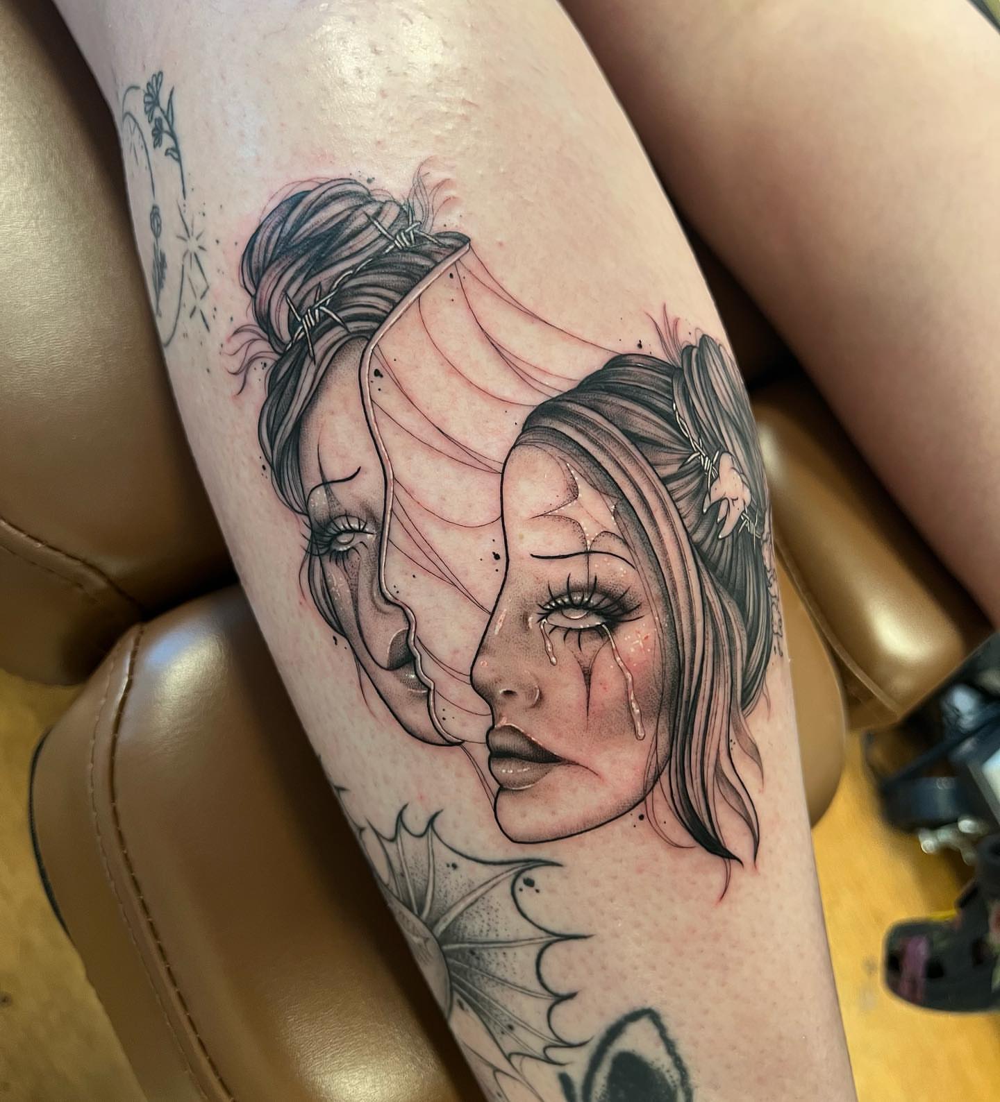Woman's face realism tattoo on the thigh by ✨ Jaden Belle Tattoos ✨