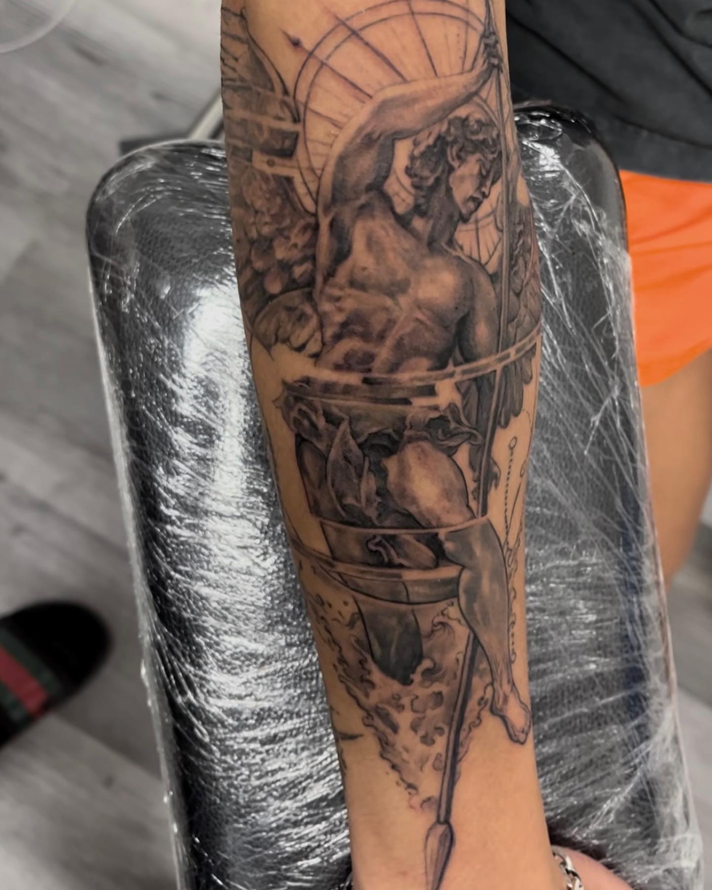 Mythological figure realism tattoo on the forearm by Rocky Nguyen DFW Dallas Japanese