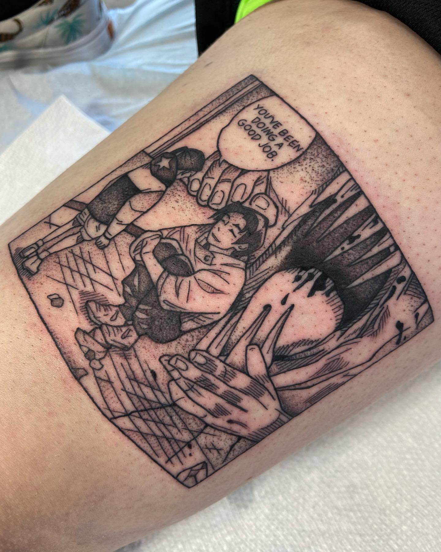 Anime scene dotwork tattoo on the thigh by Lilly Binns