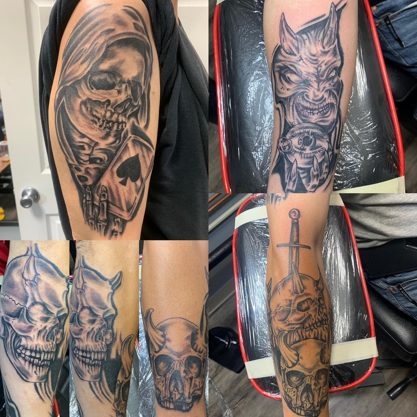 Skulls and demons realism tattoo on the forearm by @goat76