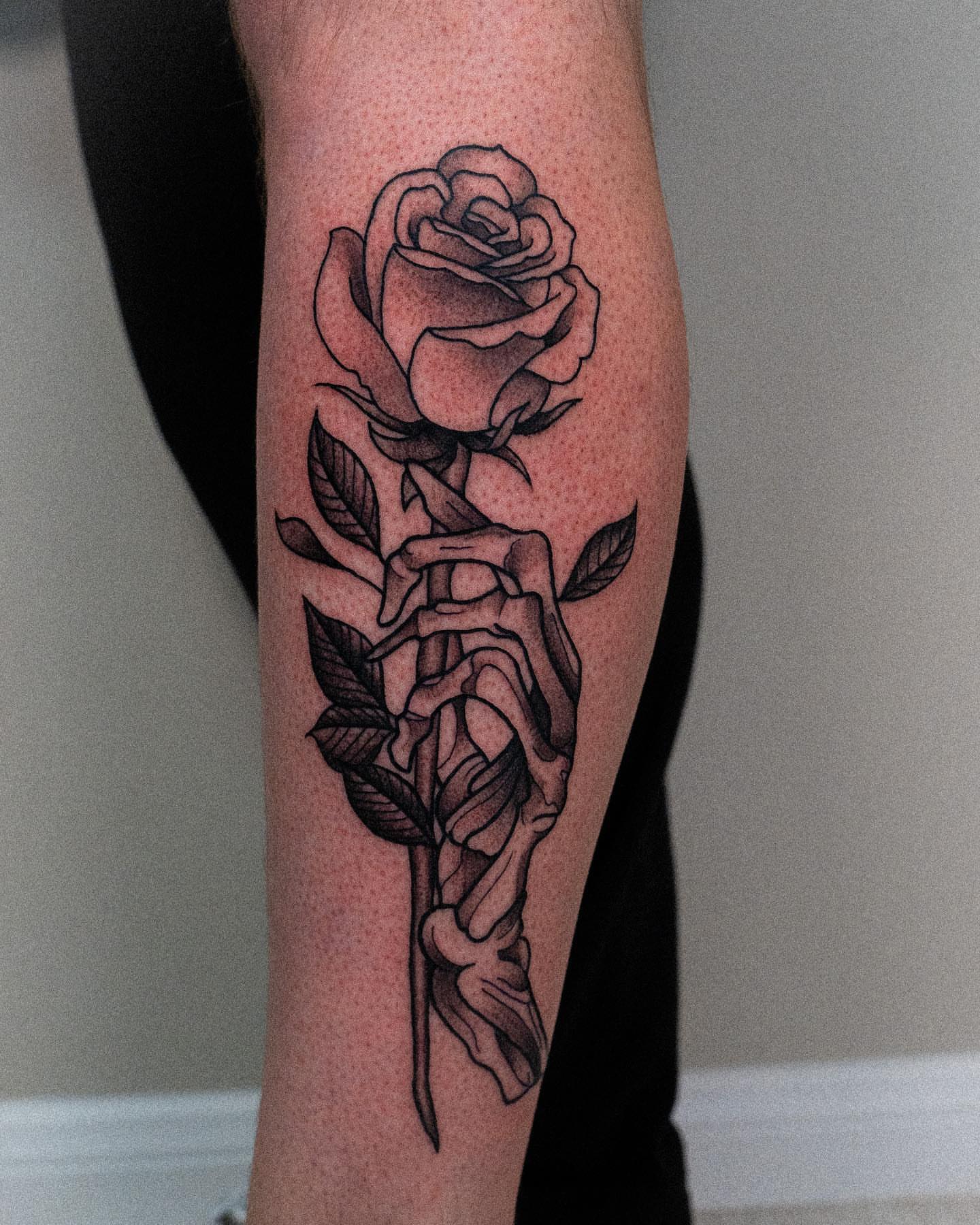 Rose dotwork tattoo on the forearm by Ashley Fino, Las Vegas, Nevada