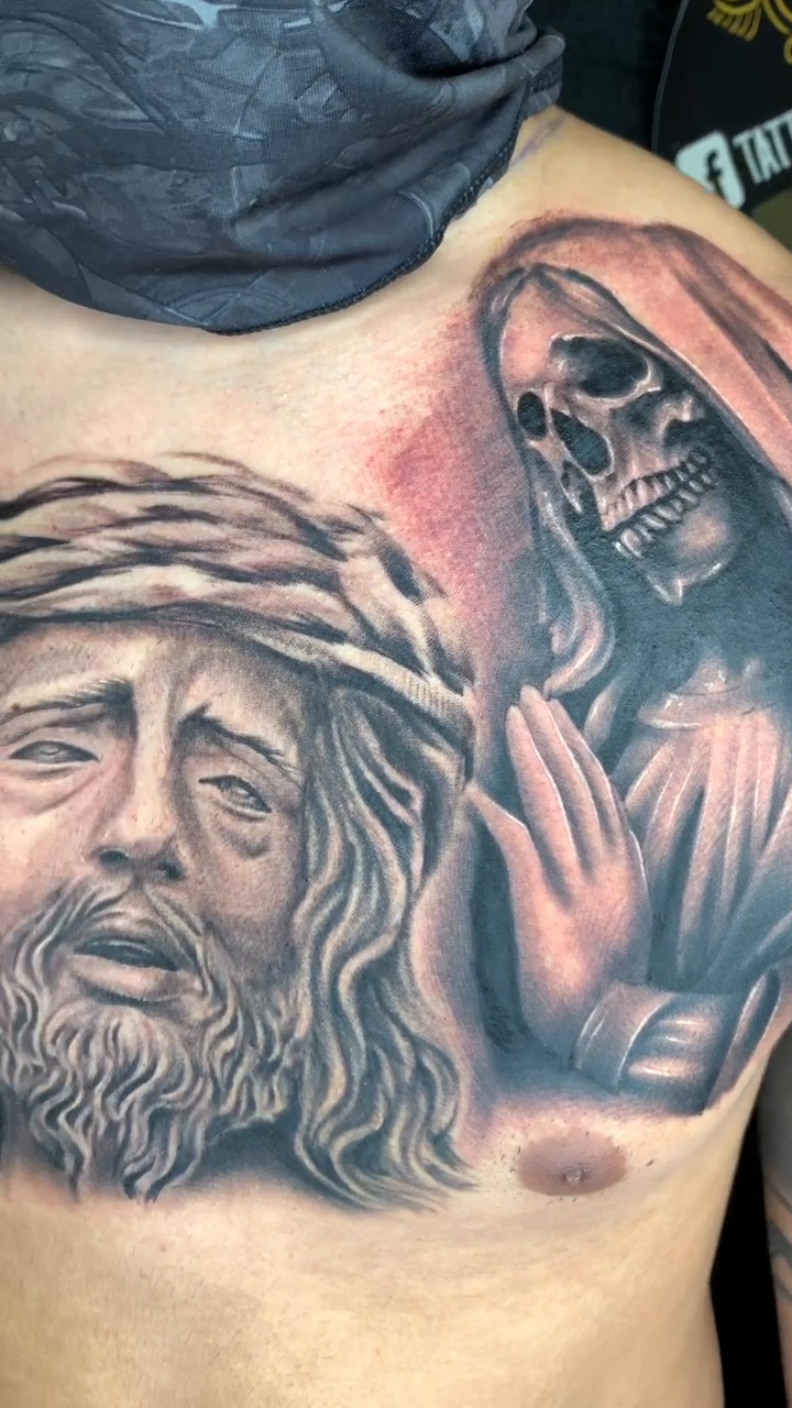Jesus and Death realism tattoo by Tattoos By Chico