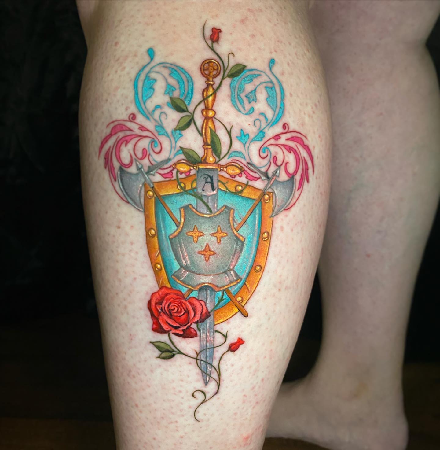 Shield and sword new school tattoo on the thigh by D Benzo ~ San Diego Tattoo artist ~