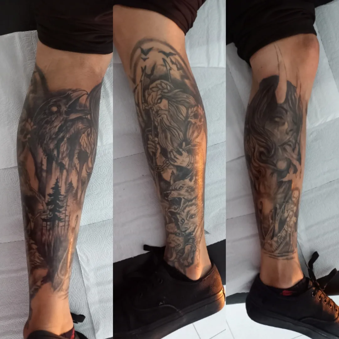 Forest and crow realism tattoo on the calf by Pod Viñes
