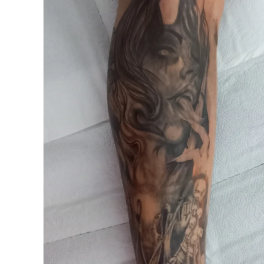 Woman with long hair dark realism tattoo on the forearm by Pod Viñes