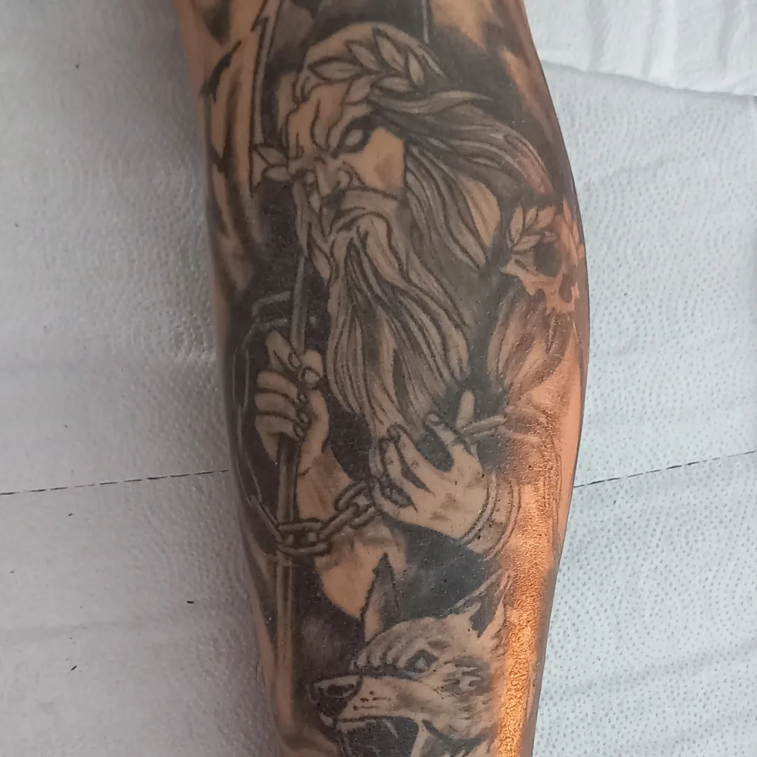 Dwarf with sword black and grey tattoo on the forearm by Pod Viñes