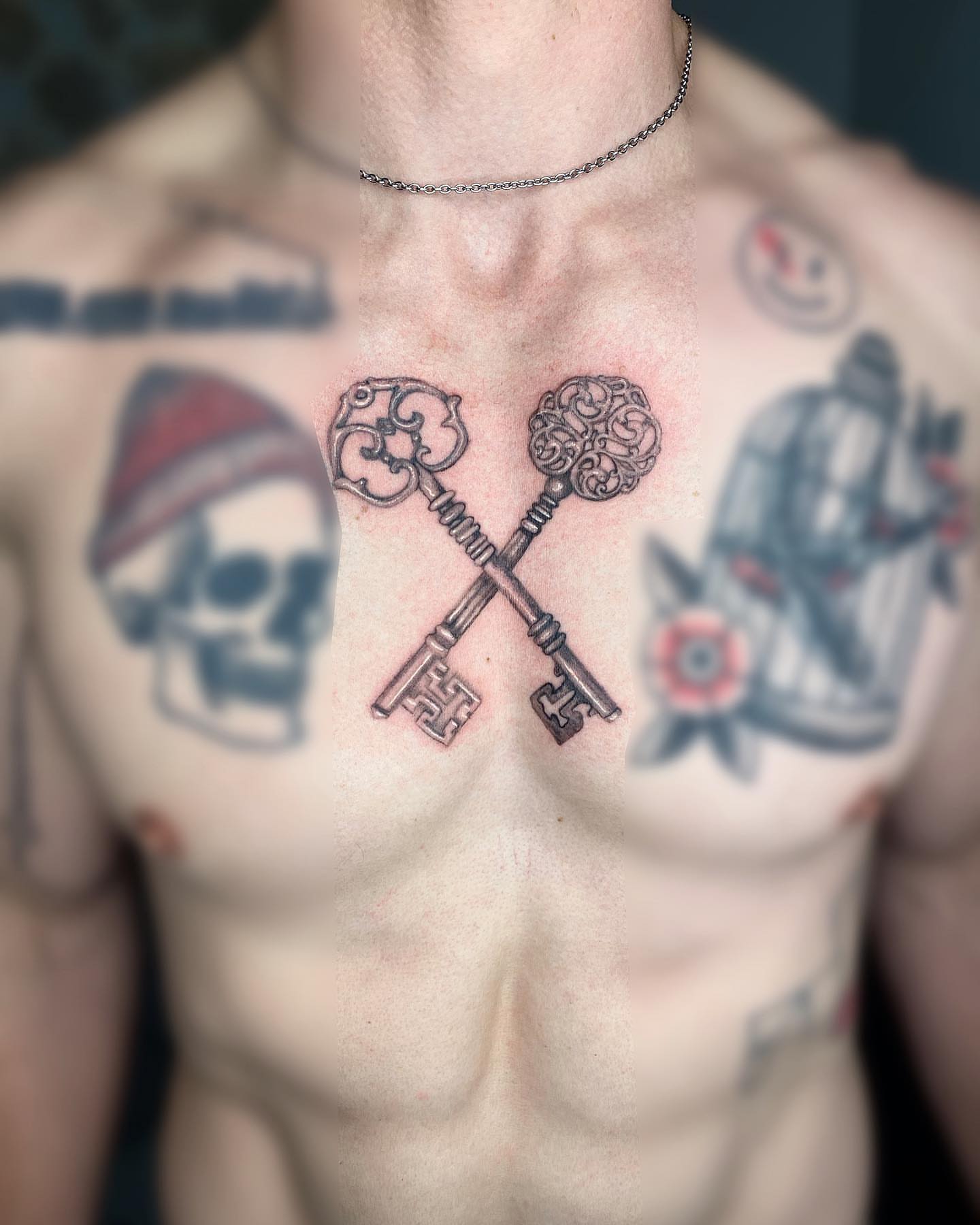 Crossed keys black and grey tattoo on the chest by ⛓Ireland tattoo⛓