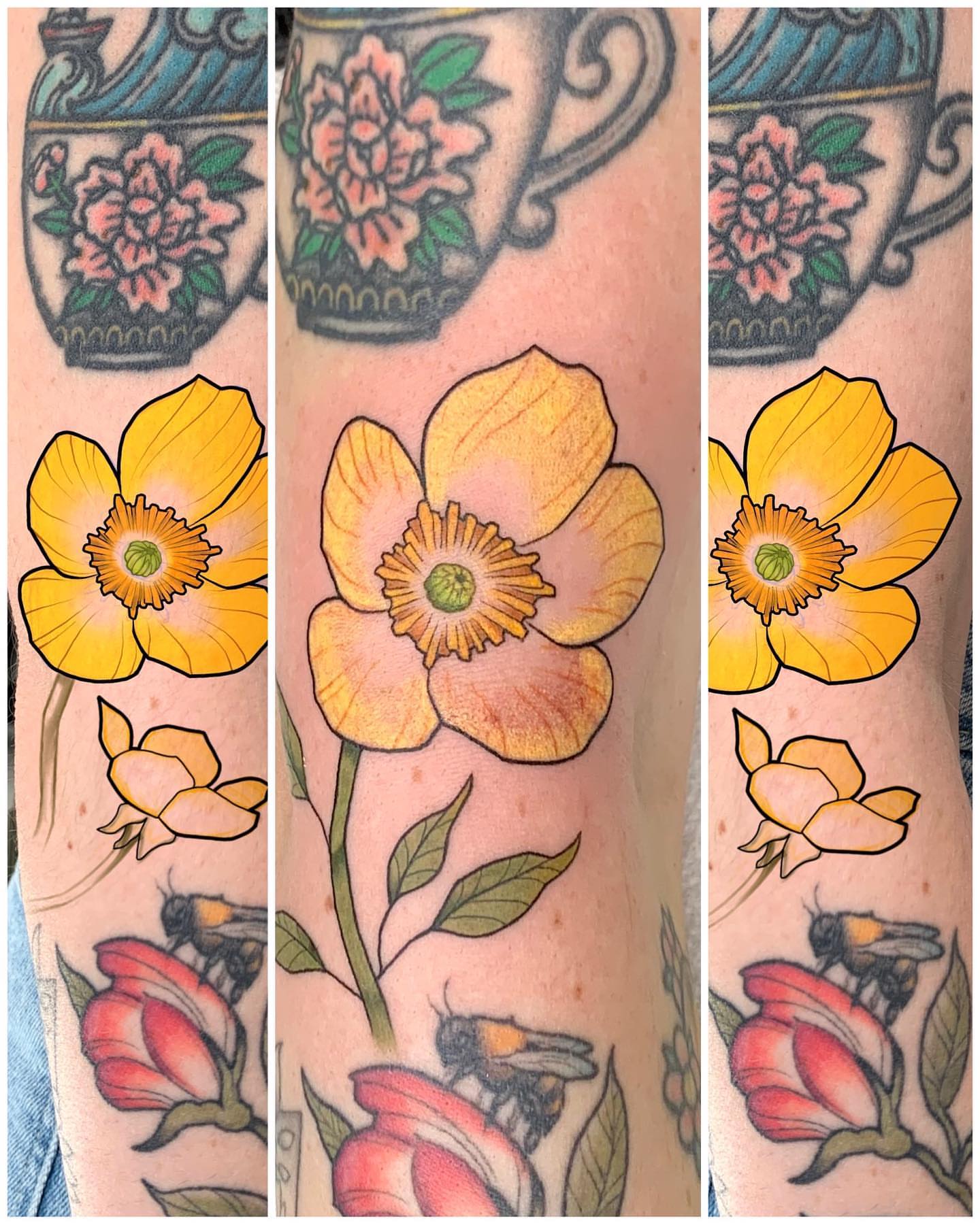Yellow flower American traditional tattoo on the forearm by Mike G.