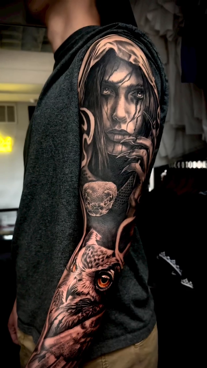 Woman and owl realism tattoo by Kelsea Lake Schack