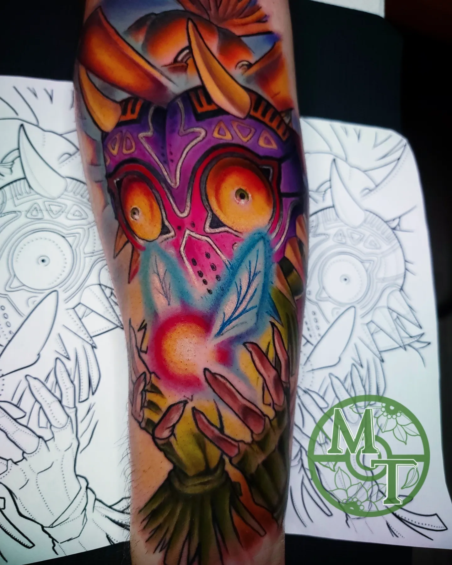 Mask and floral elements new school tattoo on the forearm by 💢 Anime  & 🗡 Neo Traditional    💥 Marc