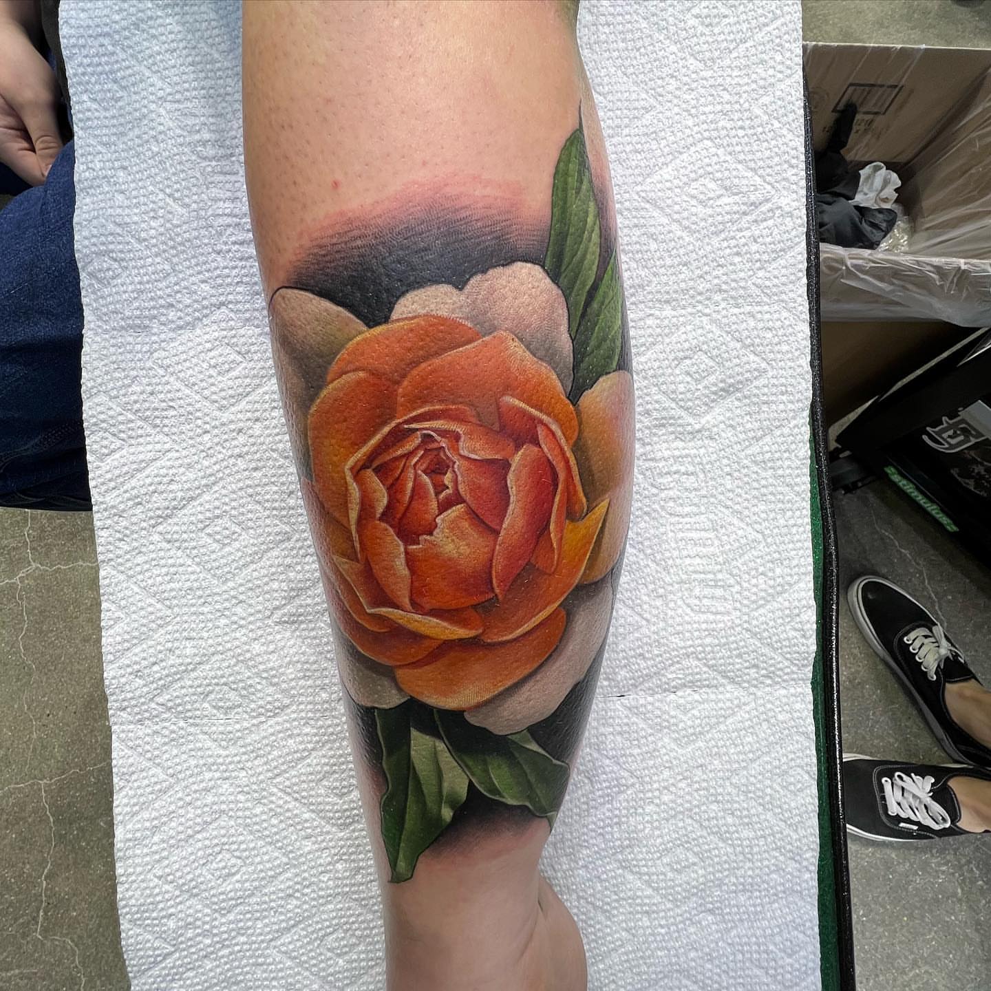 Peony realism tattoo on the forearm by Derek Gardner