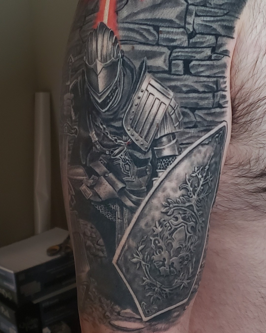 Knight armor realism tattoo on the forearm by Walt Watts, Salt Lake City, Utah
