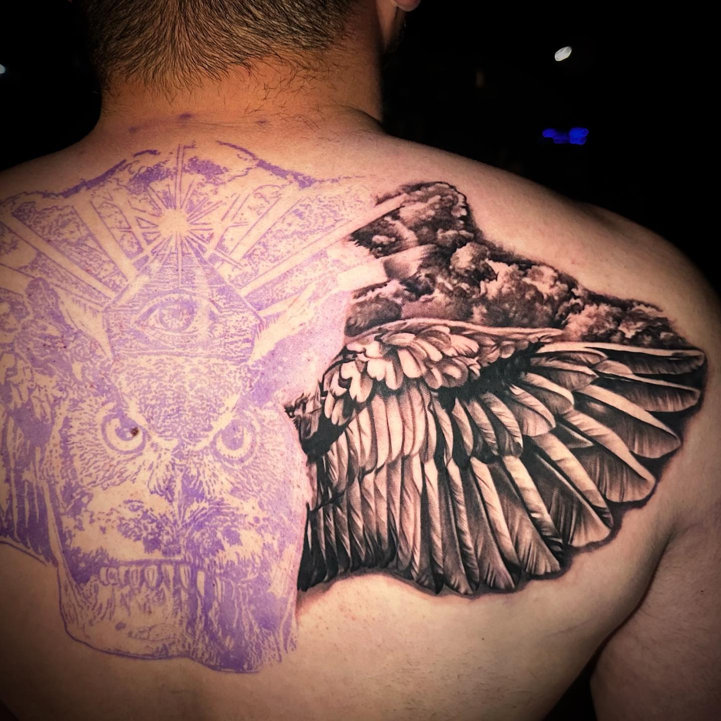 Owl and wing American traditional tattoo on the back by Chrisjansentattoo