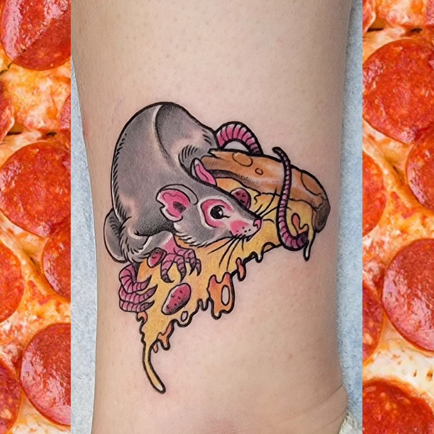Mouse and pizza American traditional tattoo on the forearm by ๐๏ธ, Ashland, Virginia