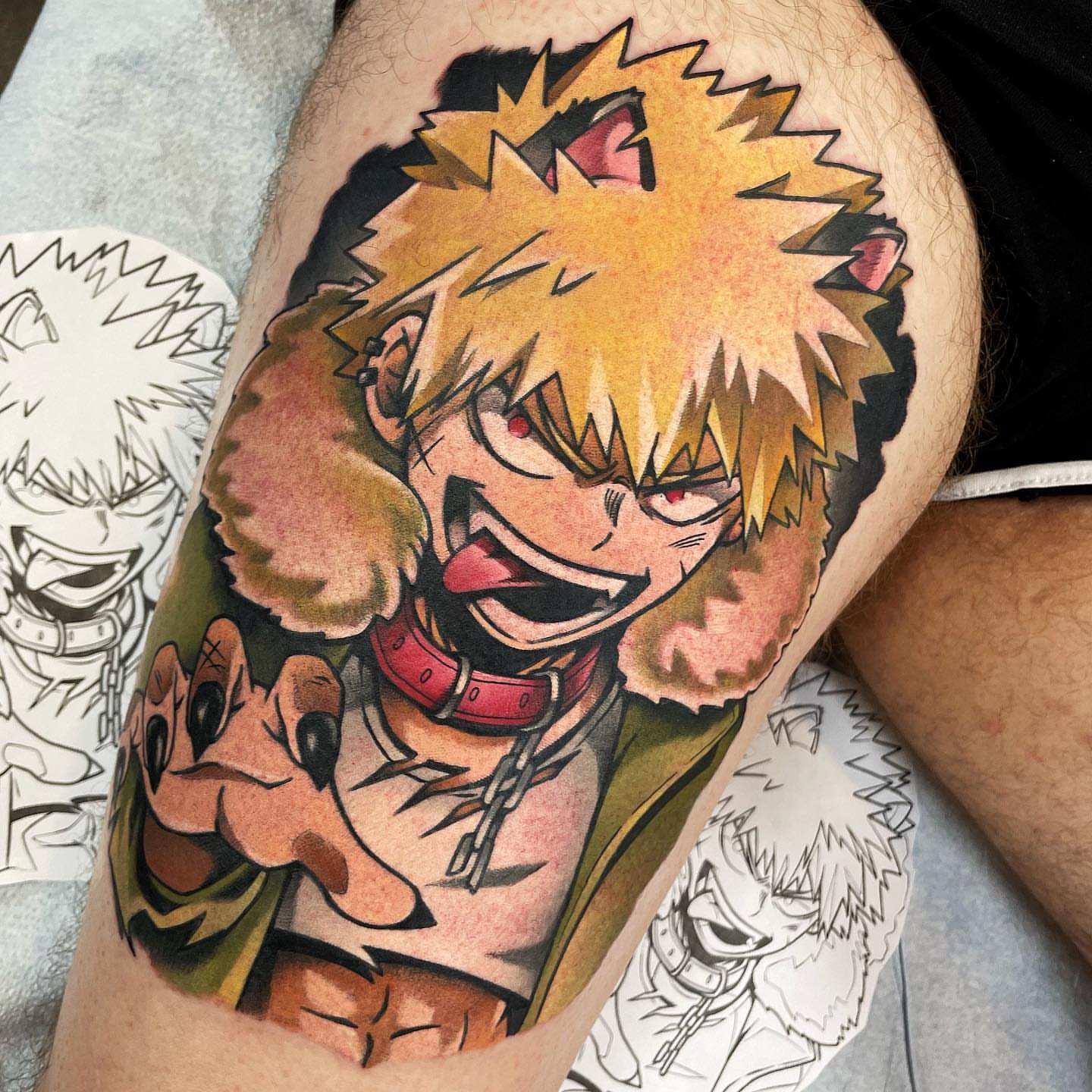 Anime character anime tattoo on the thigh by Bold Anime Tattoos