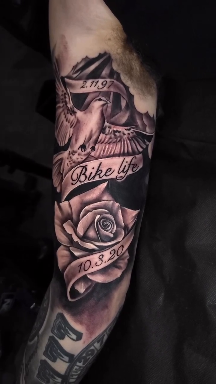 Dove and rose realism tattoo by Alfonso Duenas