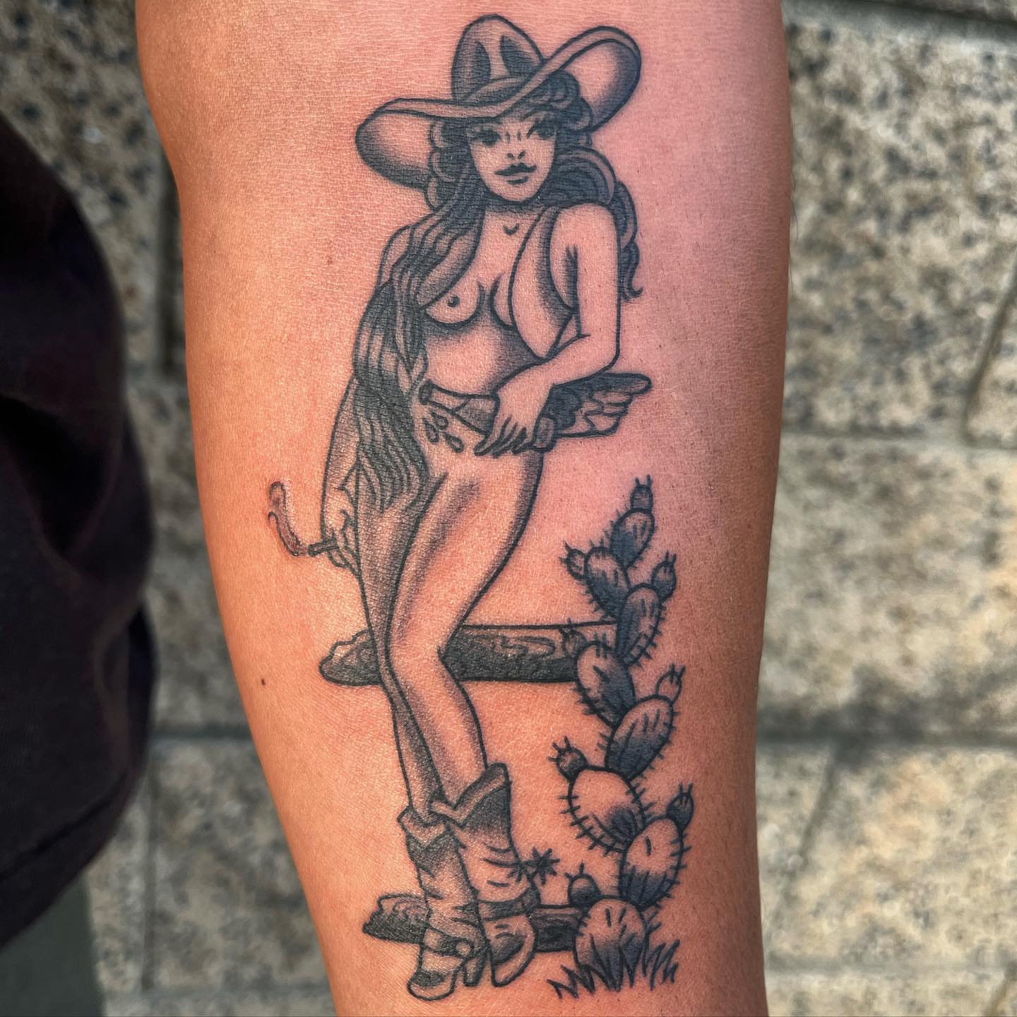 Cowgirl black and grey tattoo on the forearm by Ana Valadez π¦, Ventura, California