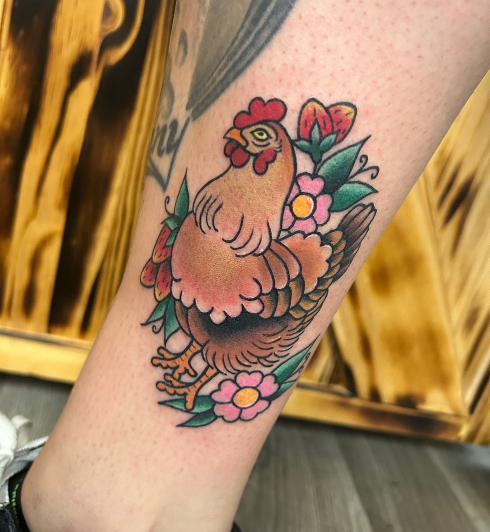 Rooster and flowers American traditional tattoo on the forearm by ππππππ ππππππ
