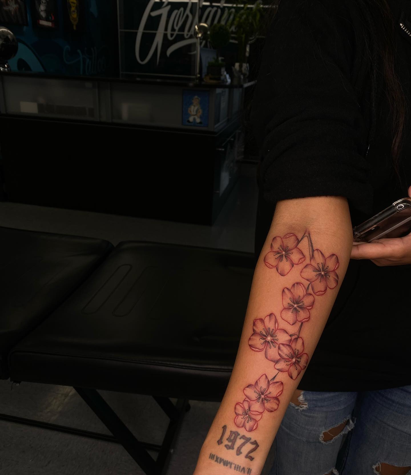 Cherry blossoms dotwork tattoo on the forearm by Steph π€