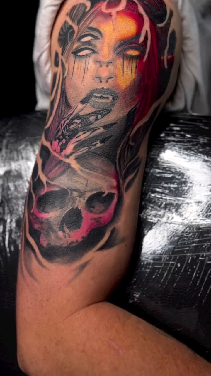 Tattoo by @hawkjackson — dark_realism, black_and_grey
